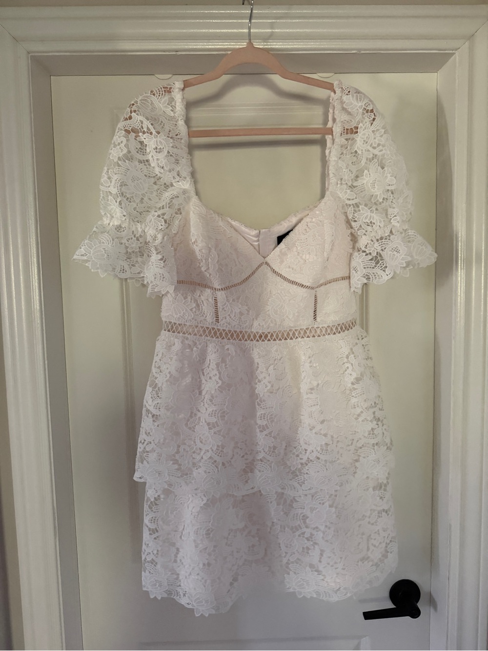 Bardot White Lace Puff Sleeve Tiered Mini Dress